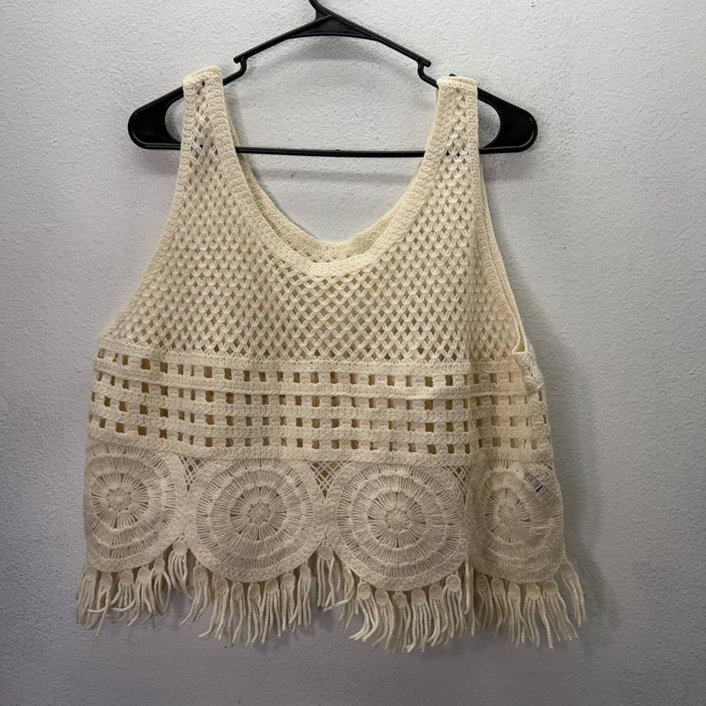 Crochet Lace Cropped Tank Top SZ 1X / XL Boxy Festival Boho Beachy Open Knit